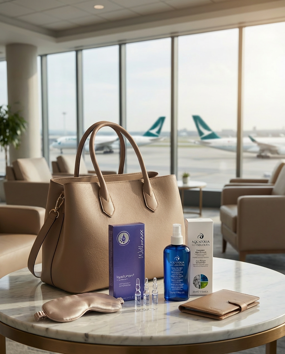 Hakme 私藏機艙護膚「保命 Combo」：Aquafolia 精華水與 Wellmaxx 安瓶，以「儲水+鎖水」獨家方法，對抗長途機乾燥，落機皮膚依然水潤。